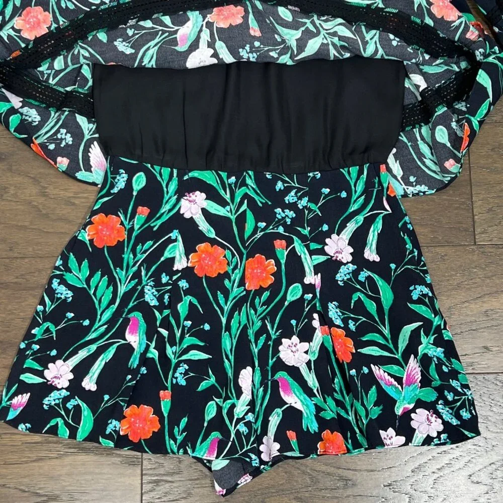 KATE SPADE  Jardin Crepe Romper Black with Floral Hummingbird Print Size 0 NWOT
